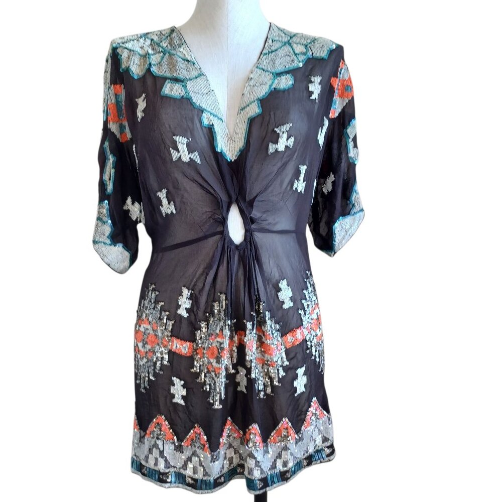 All Saints Tunic Silk Sequined Embellished Aztec Chariot Dress Womens‎ 6 NEW